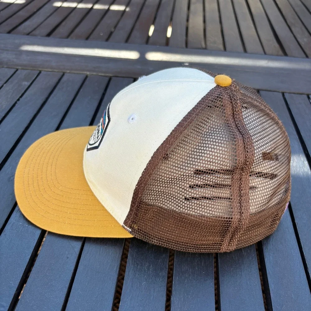 Patagonia Trucker Hat Unisex OSFA Brown Yellow Good Fitz Roy Hex Logo Snapback